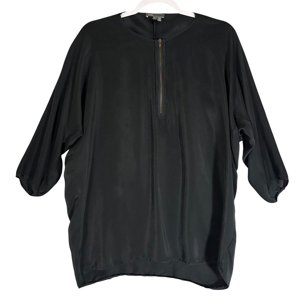 Vince Black 100% Silk Quarter Zip Pullover Blouse Top Women's Sz S Dolman Sleeve